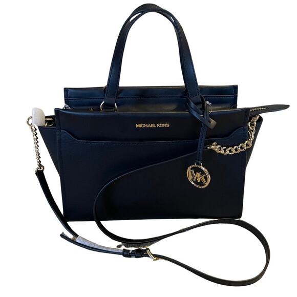 Michael Kors Graham Convertible Crossbody Handbag Satchel Black Leather Gold